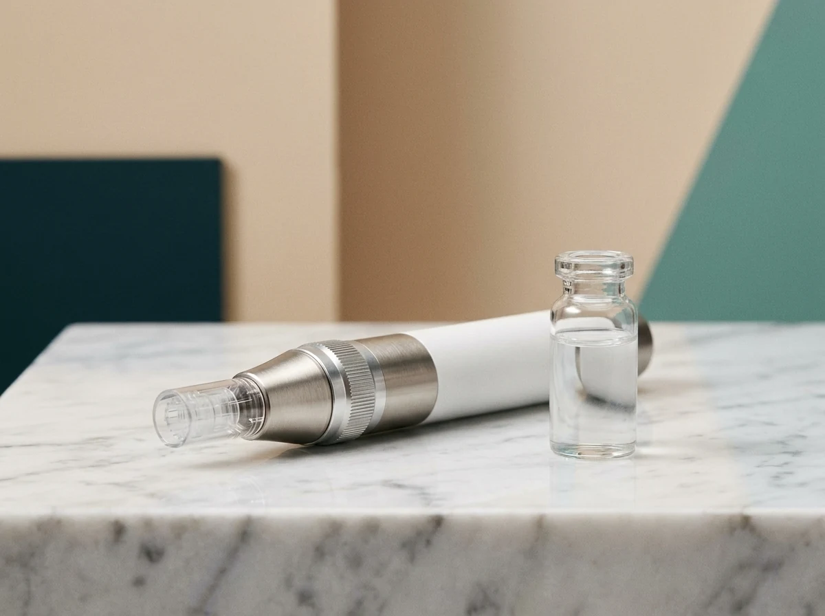Microneedling device and growth factor serum on a marble surface at Nexus Aesthetic