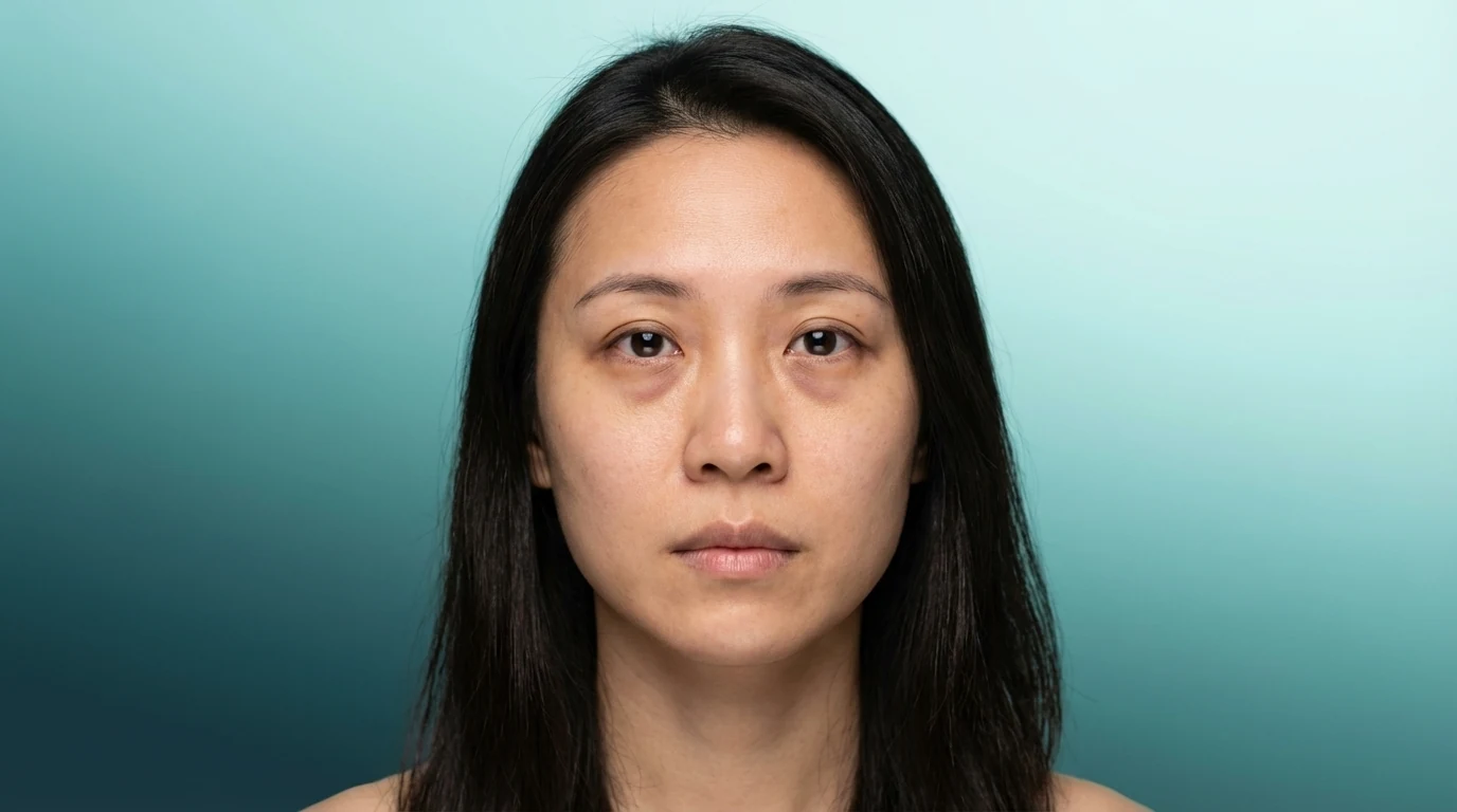 Close-up showing dark eye circles, eye bags, and fine lines