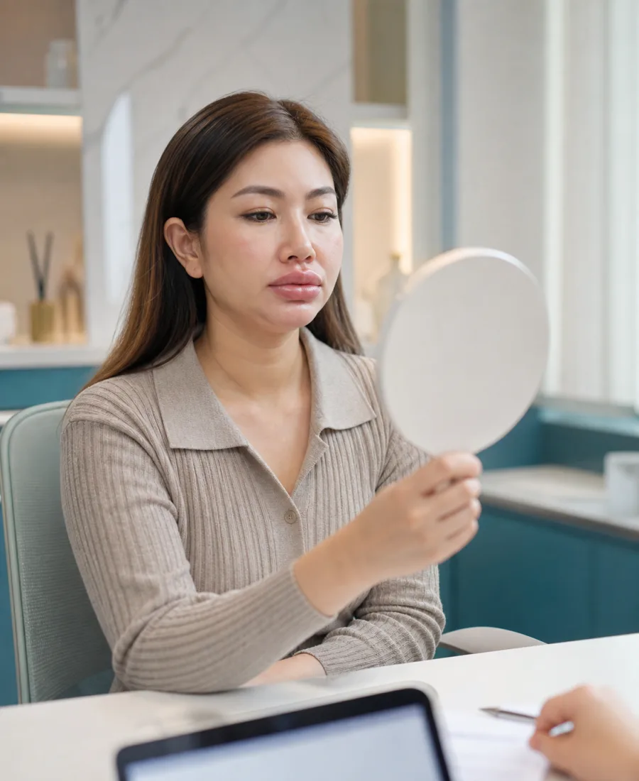 Illustration of overdone lips and lower-face puffiness during an aesthetic consultation