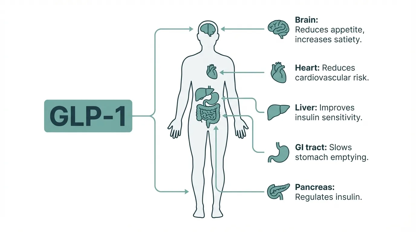 How the programme's medications work in the body: brain (reduces appetite), heart (reduces cardiovascular risk), liver (improves insulin sensitivity), GI tract (slows stomach emptying), pancreas (regulates insulin)