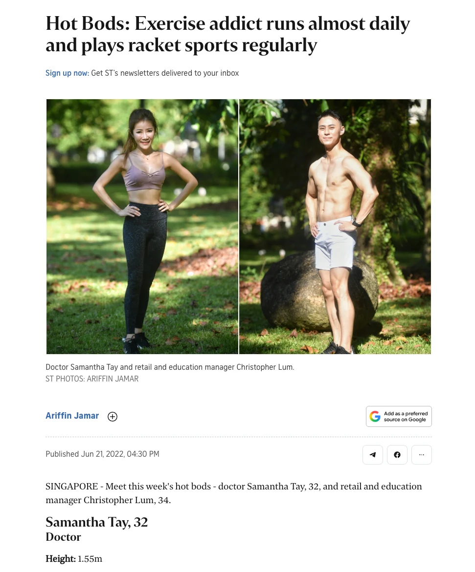 Dr Samantha Tay featured in The Straits Times Hot Bods